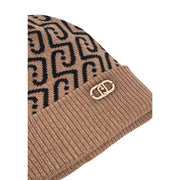 Liu Jo women beige polyester knit beanie with black interlocking logo pattern and gold tone metal clasp