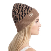 Liu jo women beige polyester knit beanie with black geometric pattern and gold-tone logo clasp on ribbed brim