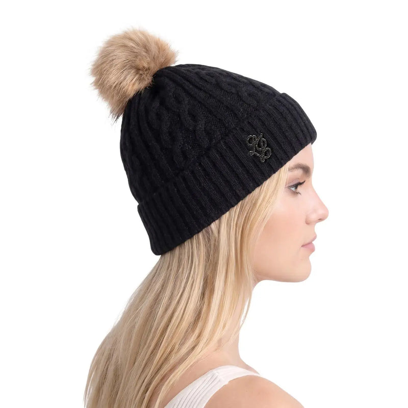 Black cable-knit beanie with tan faux fur pom-pom and embroidered logo by Liu Jo women beige polyester cap