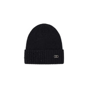 Black ribbed knit beanie with folded cuff, sequins, and silver logo emblem, styled like Liu Jo women beige polyester cap