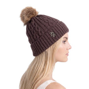 Liu Jo women beige polyester cap featuring a brown cable-knit beanie with a tan pom-pom and silver logo detail