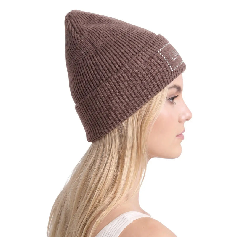Liu jo women beige polyester cap featuring a ribbed brown knit beanie with folded cuff and subtle white embroidery