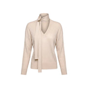Pull beige en maille côtelée, col en V et nœud papillon, en mélange de viscose, de la marque Liu Jo pour femme.