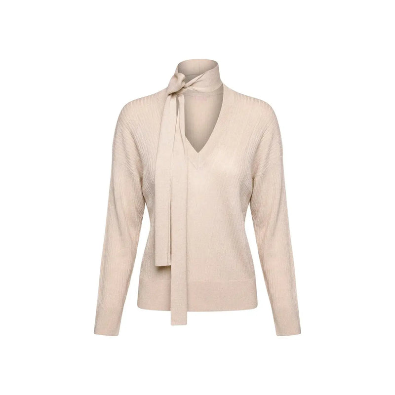 Pull beige en maille côtelée, col en V et nœud papillon, en mélange de viscose, de la marque Liu Jo pour femme.