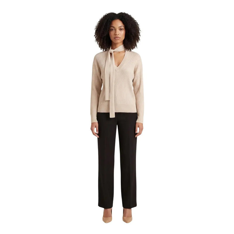 Pull en maille côtelée beige pour femme Liu Jo, col en V à nouer sur le devant, confectionné en tissu mélangé de viscose.