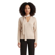 Pull en maille côtelée beige Liu Jo pour femme, avec détail de col à nouer, confectionné dans un mélange de viscose pour des options de tricot élégantes.