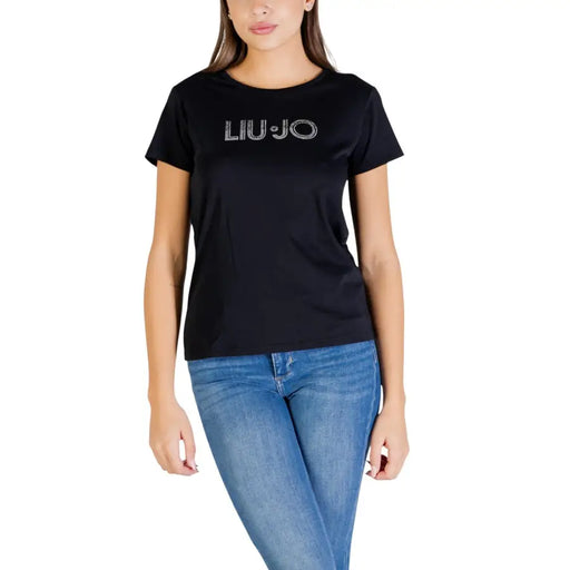 Liu Jo femme en coton noir à col rond t-shirt avec un logo argenté étincelant