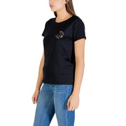 Liu Jo women black cotton round neck t-shirt with short sleeves and a circular gold embellishment on the left chest