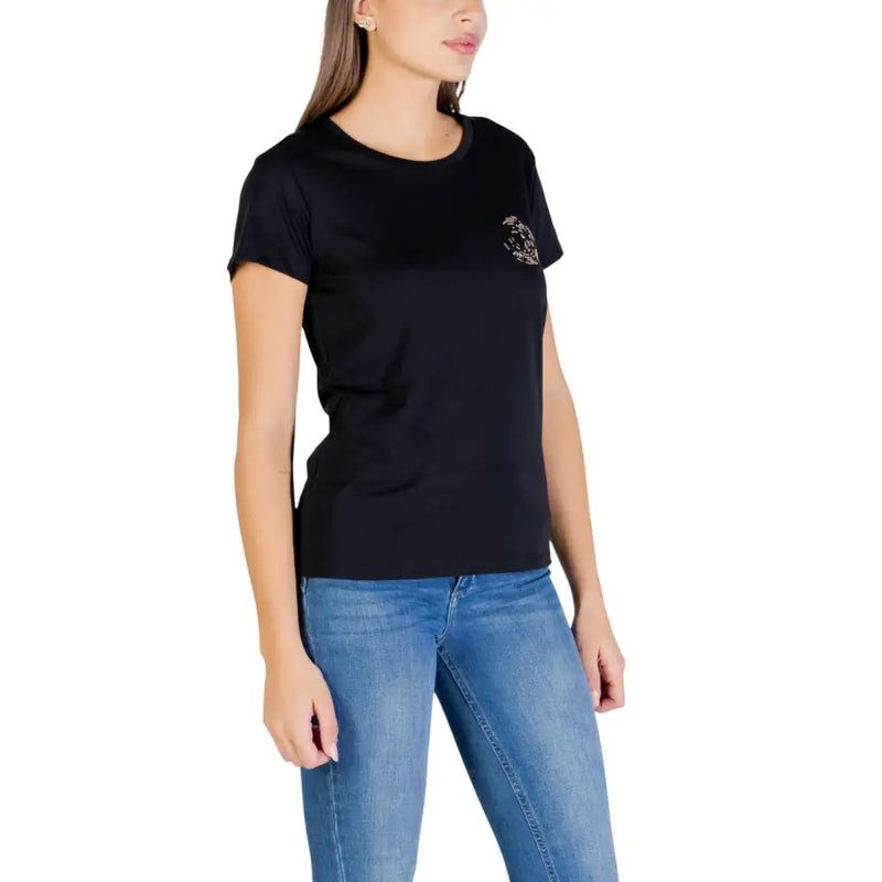 Liu Jo women black cotton round neck t-shirt with short sleeves and small embellished logo on left chest