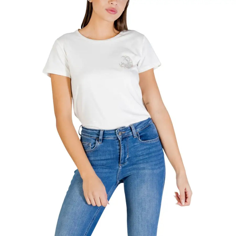 Liu Jo women black cotton round neck t-shirt with silver embroidery