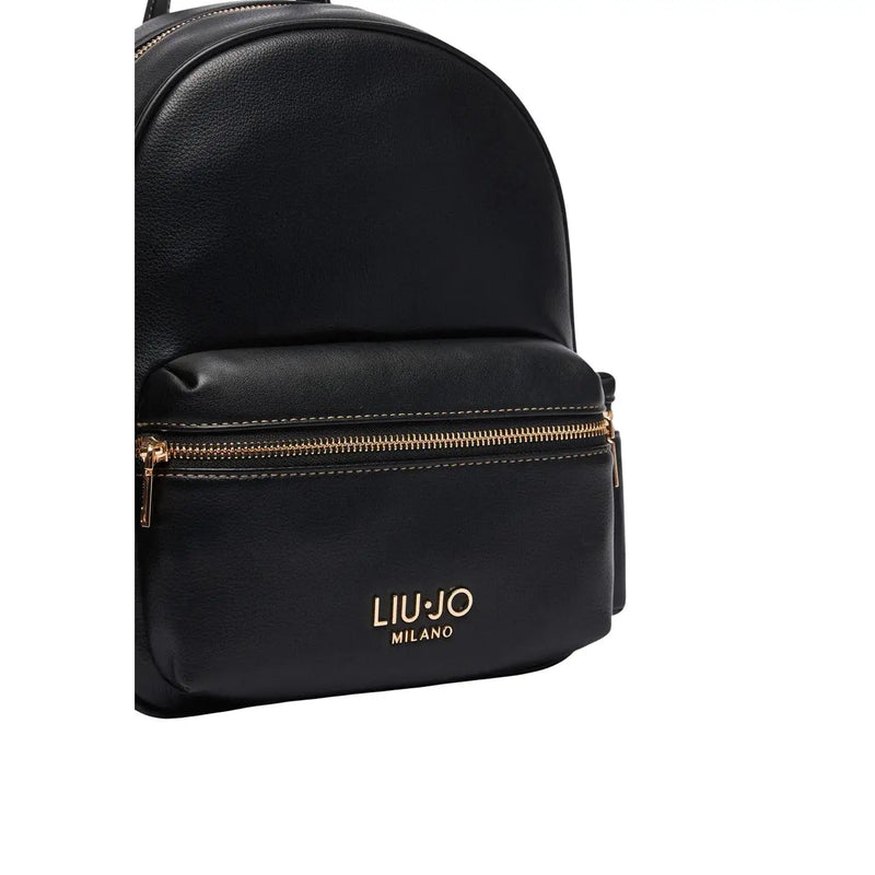 Liu Jo women black faux leather backpack bag 30 cm with gold tone zipper and logo detailing front view
