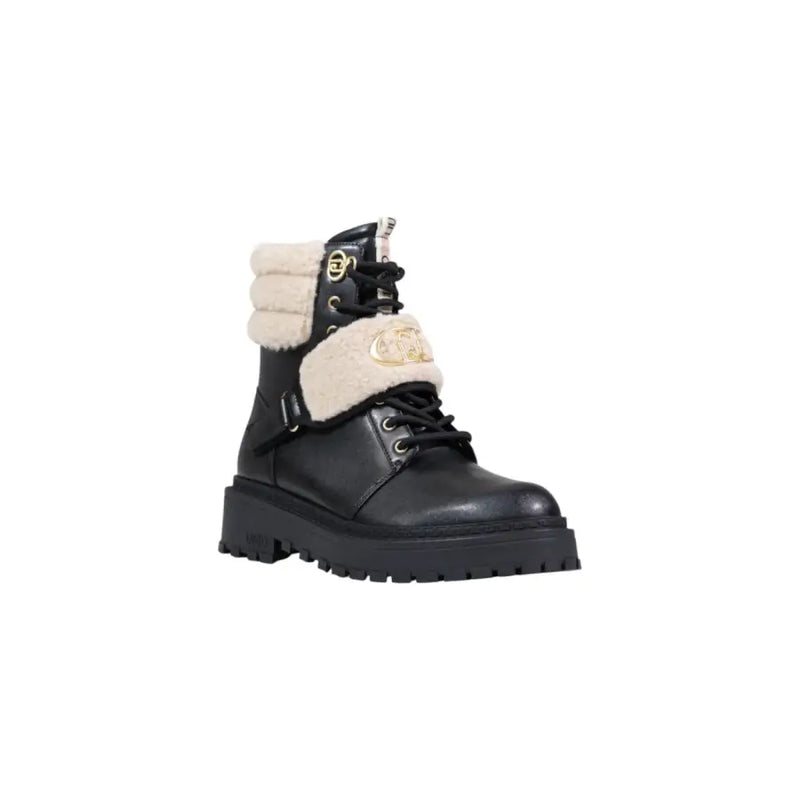 Liu Jo black faux leather combat boots with cream shearling lining and gold accents