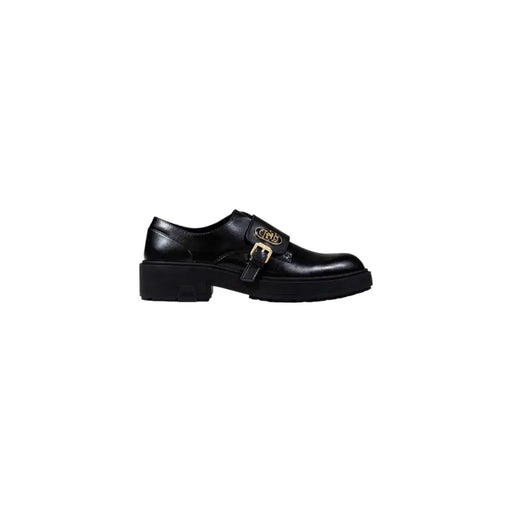 Liu jo women black faux leather monk strap shoe with gold tone buckle and logo detail for fall winter