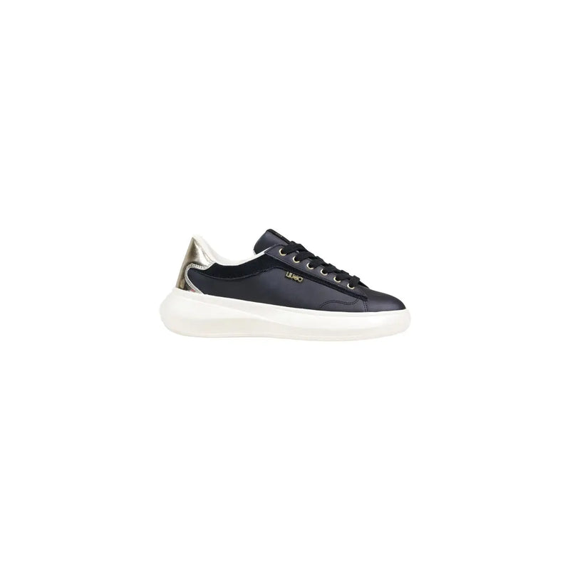 Liu Jo women black platform sneakers in polyurethane with metallic silver heel tab and white rubber sole shown from back side