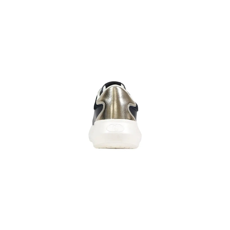 Liu Jo women black platform sneakers featuring sleek metallic gold and black polyurethane with chunky white sole