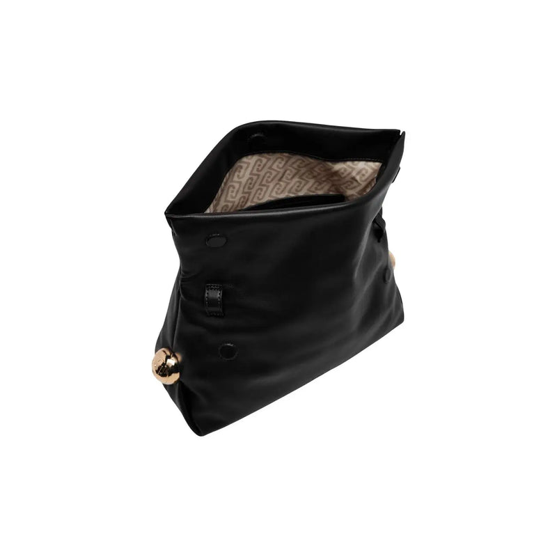 Liu jo women black polyester handbag with gold-tone spherical clasp and beige patterned interior lining 30x20x7 cm