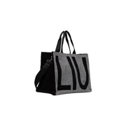 Liu jo women black polyester tote bag with black and gray herringbone pattern and bold black liu lettering