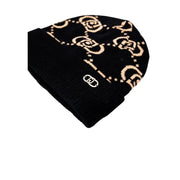 Black beanie with light-colored abstract pattern and small Liu Jo logo for women