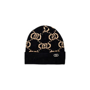 Black knit beanie with tan interlocking pattern and metal logo for Liu Jo Women Cap