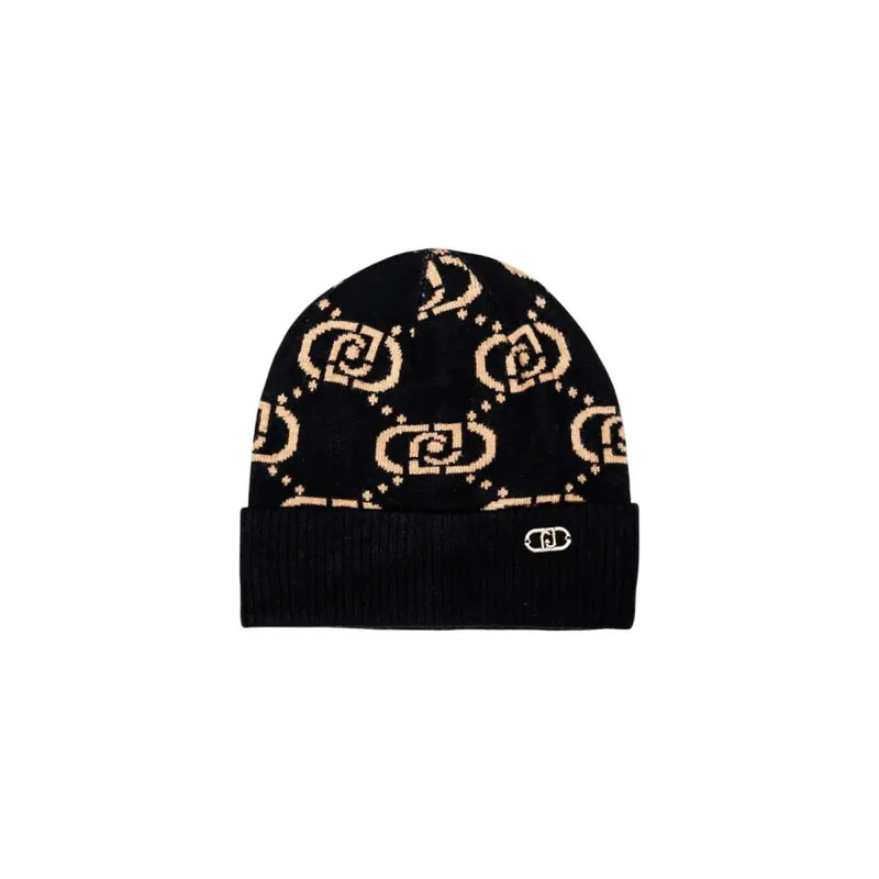 Black knit beanie with tan interlocking pattern and metal logo for Liu Jo Women Cap