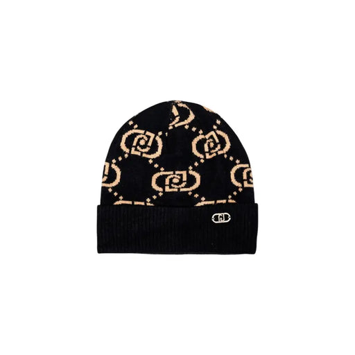 Black knit beanie with tan interlocking pattern and metal logo for Liu Jo Women Cap