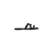 Liu Jo women black leather slide sandal with gold toned circular buckle ideal for summer footwear