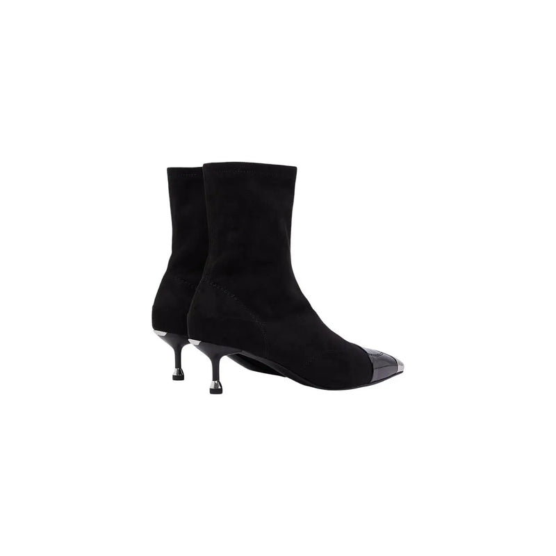 Liu jo women black polyester stiletto ankle boots with black suede body glossy toe cap and metallic heel