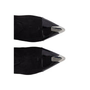 Liu Jo women black stiletto ankle boots in black suede and patent leather with silver-toned metal tips