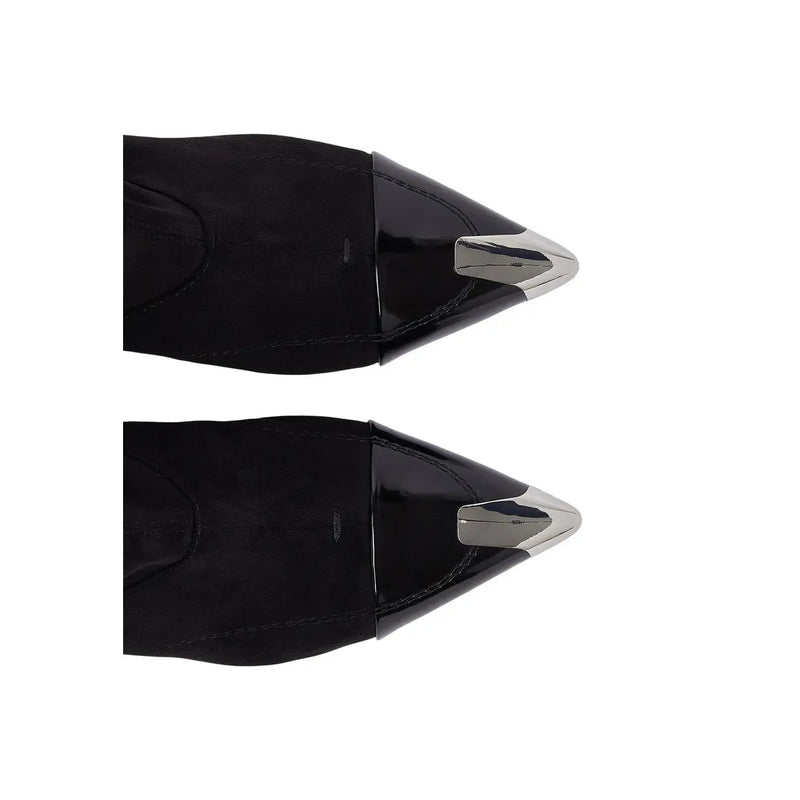 Liu Jo women black stiletto ankle boots in black suede and patent leather with silver-toned metal tips