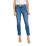 Liu Jo Jean slim en denim bleu mélangé coton pour femme, taille mi-haute, avec cinq poches classiques et ourlet raccourci.