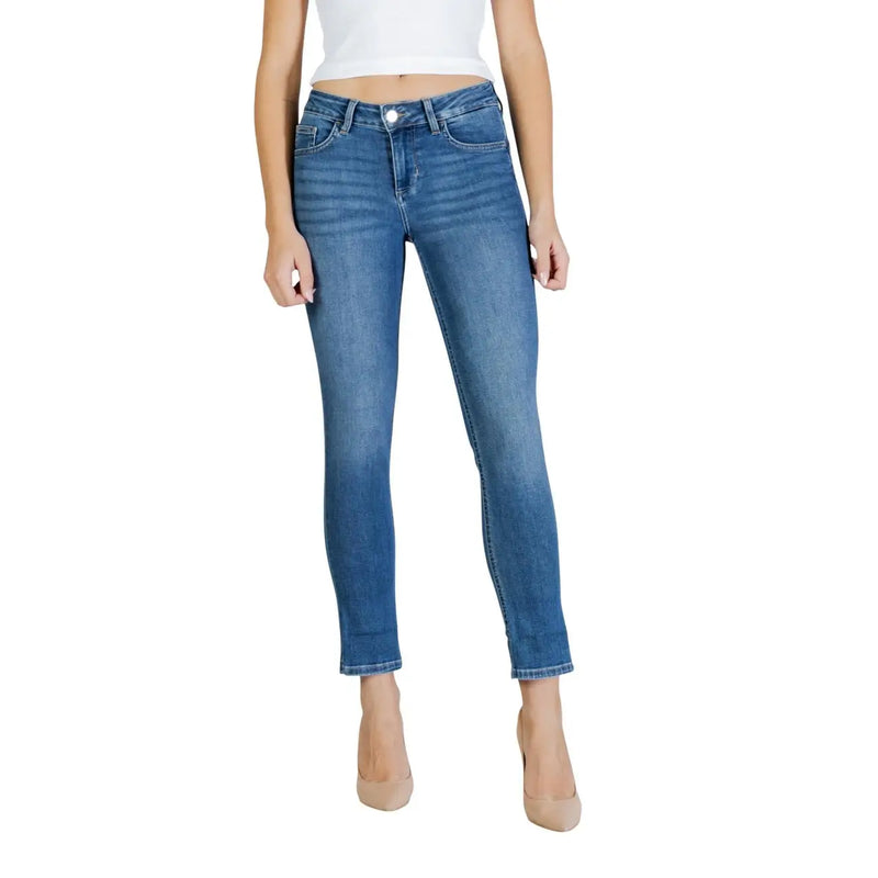 Liu Jo Jean slim en denim bleu mélangé coton pour femme, taille mi-haute, avec cinq poches classiques et ourlet raccourci.