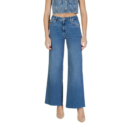 Liu jo women blue high-waisted wide-leg cotton elastane jeans with classic button and zipper closure spring summer