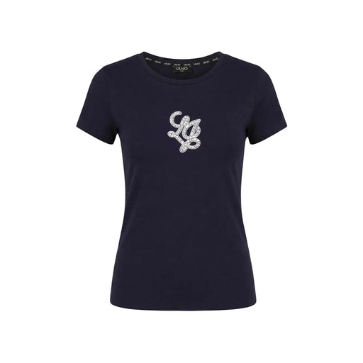coton bleu marine Liu Jo T-shirt à manches courtes pour femme avec logo LJ en strass scintillant brodé sur la poitrine