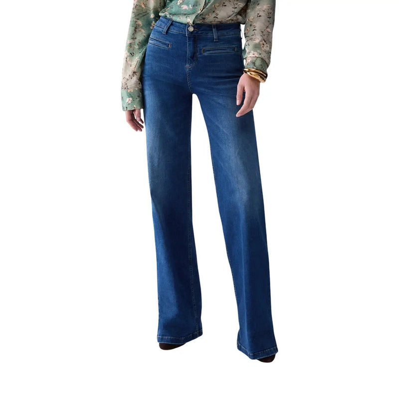 Liu Jo Jean bleu en coton stretch pour femme, taille haute évasée et délavage subtil pour un effet usé