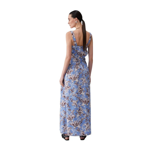 Un bleu clair fluide Liu Jo Robe longue en coton fleuri pour femme, à fines bretelles et dos nu, vue de dos