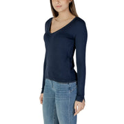 Cardigan Liu Jo pour femme, en maille viscose bleue, col en V, manches longues et finitions texturées discrètes à l'encolure et à l'ourlet.