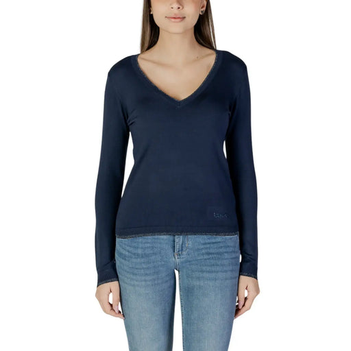 Liu Jo Cardigan bleu marine à col en V pour femme, en maille viscose, manches longues et finitions discrètes à paillettes à l'encolure et à l'ourlet.