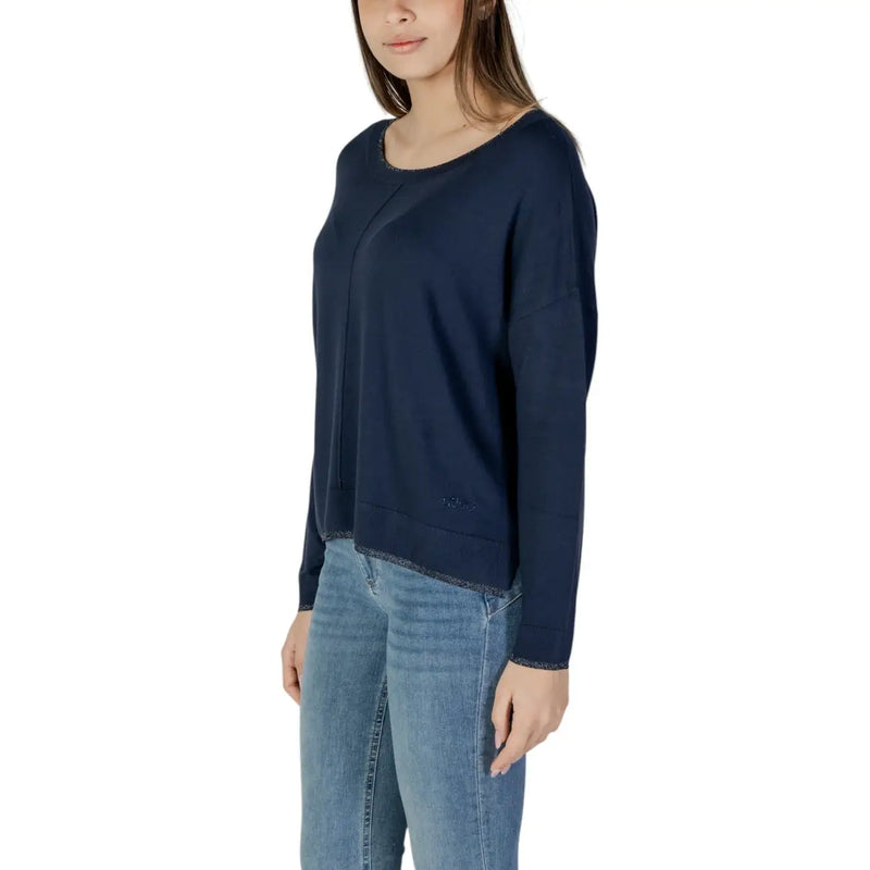 bleu marine Liu Jo pull en viscose à manches longues pour femme top avec un col rond et des finitions scintillantes à l'encolure et à l'ourlet