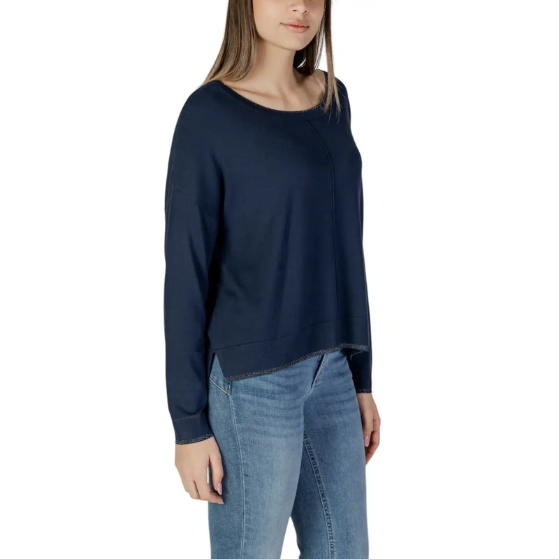 bleu marine Liu Jo pull en viscose à manches longues pour femme top avec un col rond et une bordure texturée discrète à l'ourlet et aux poignets