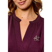 A maroon Liu Jo women long v-neck dress in viscose blend with pleated neckline and rhinestone embroidered logo