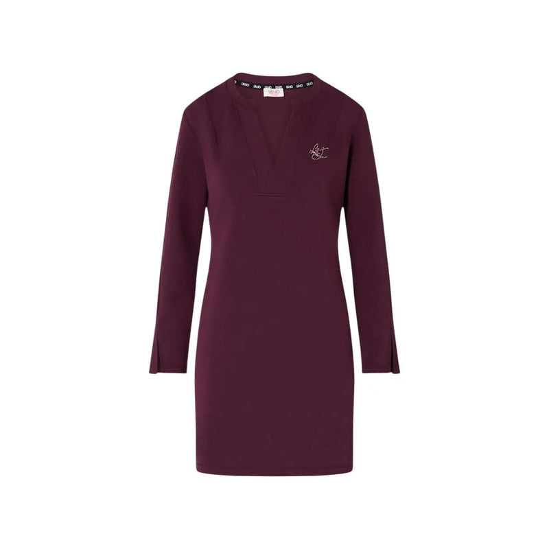 A maroon long-sleeved v-neck dress by Liu Jo with subtle embroidered logo made from viscose blend