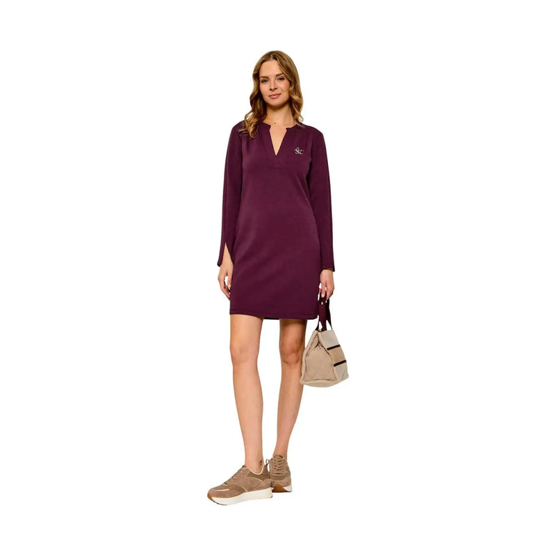 Liu jo women bordeaux long burgundy v-neck dress with subtle embroidery viscose blend knee-length sleeves