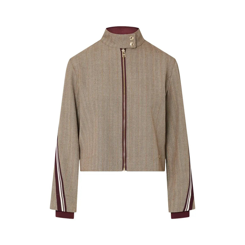 Liu Jo women brown blazer polyester blend featuring beige textured zip-up jacket with maroon accents and striped sleeves