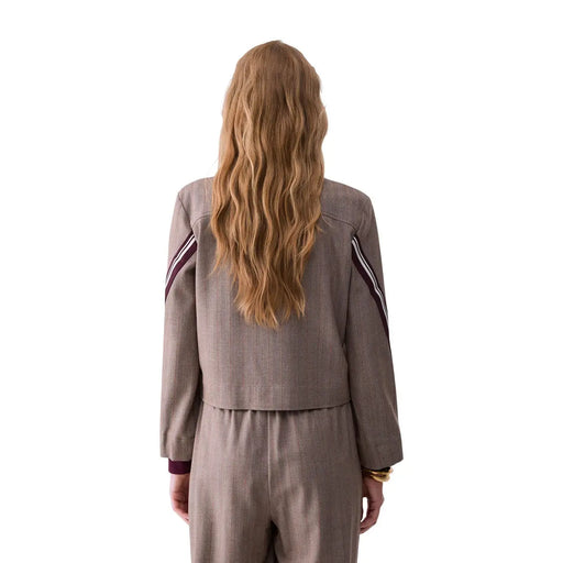 Liu Jo Blazer pour femme, couleur taupe marron à chevrons, avec manches rayées bordeaux et blanches, en mélange de polyester.
