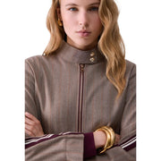 Liu Jo women brown blazer polyester blend taupe herringbone jacket with high collar gold buttons zipper and striped cuffs