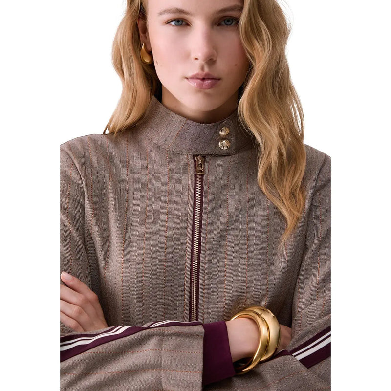 Liu Jo women brown blazer polyester blend taupe herringbone jacket with high collar gold buttons zipper and striped cuffs