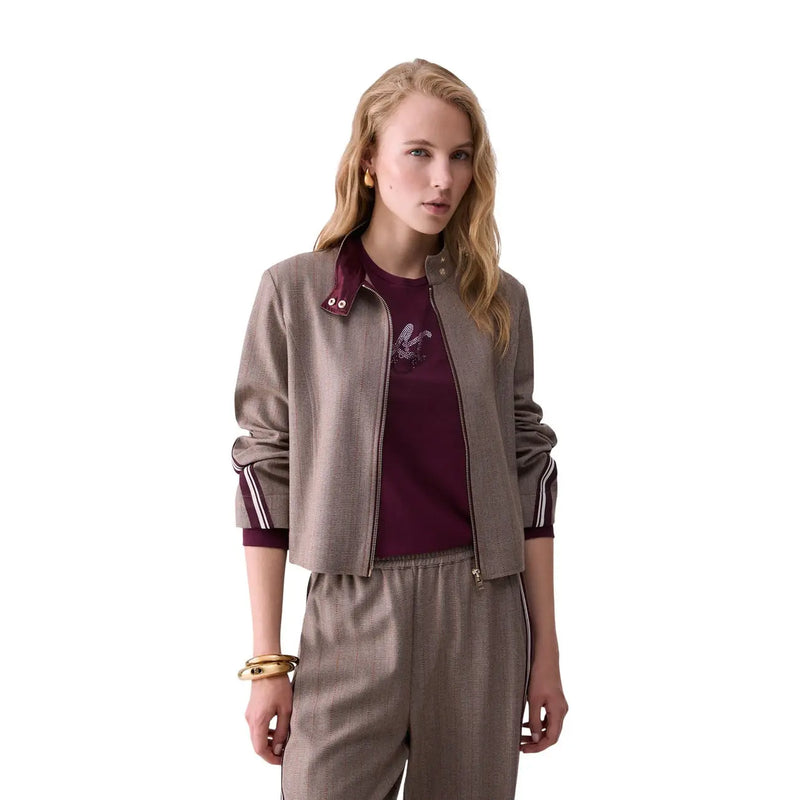 Liu jo women brown blazer polyester blend featuring a taupe textured bomber jacket with maroon trim and white sleeve stripes