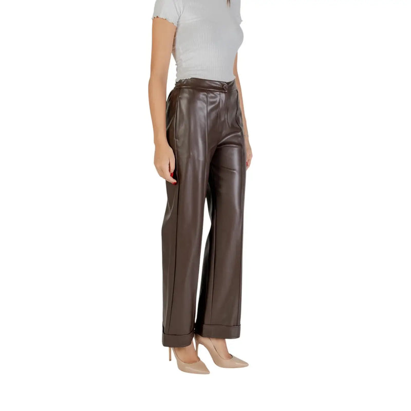 Pantalon Liu Jo pour femme, marron, en similicuir, à jambes larges et taille haute, avec ourlets roulés, automne-hiver, réf. MF5069