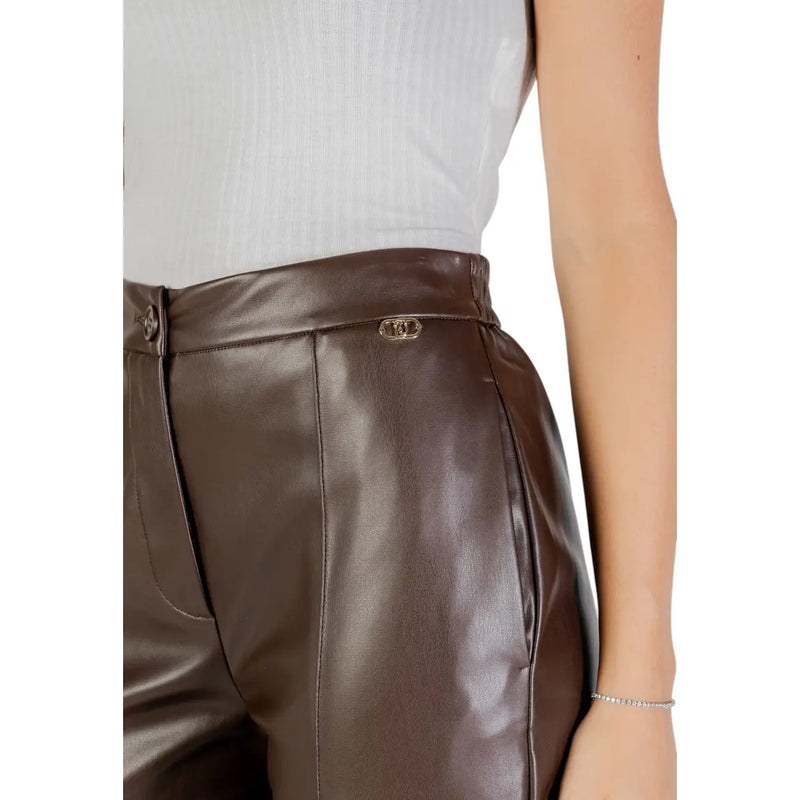 Liu Jo Pantalon taille haute marron en polyester pour femme, finition brillante et plaque logo métallique à la ceinture