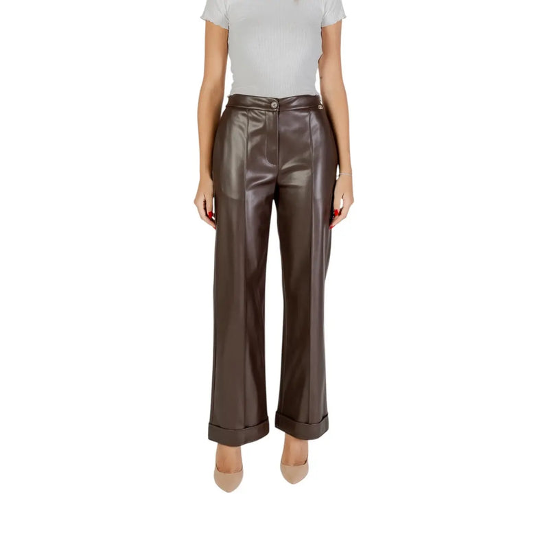 Liu Jo Pantalon marron en polyester pour femme, taille haute, finition cuir brillant et ourlets roulés, idéal pour l'automne et l'hiver.